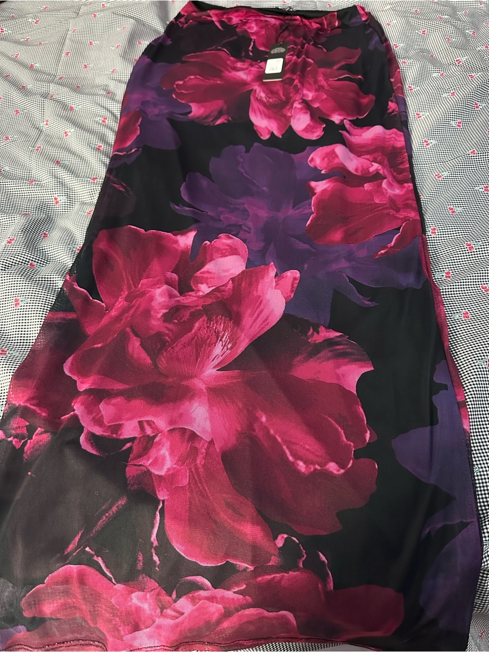Fashion Nova Black Maxi Skirt with Pink & Purple Floral Print